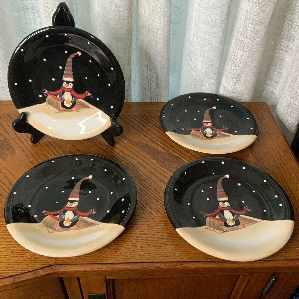 Certified Int'l Midnight Penguin Dessert Plates 8” - Picture 2 of 8